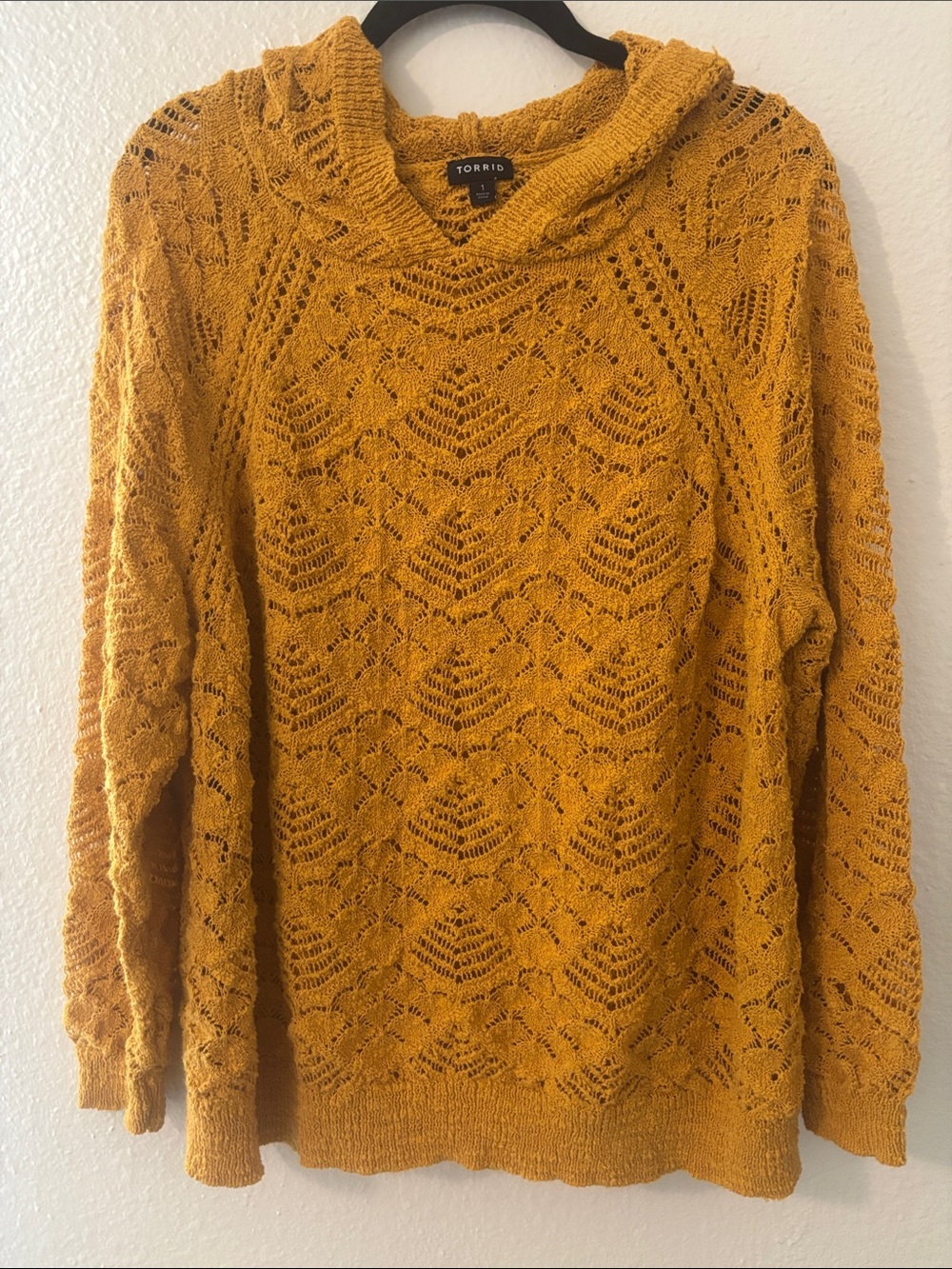 torrid mustard open-knit cowl neck sweater